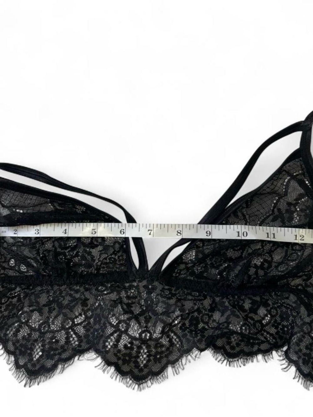 Sheer Black Fairy Goth Scalloped Lace Cami Bralette Deep V-neck Double Straps M - Picture 7 of 7